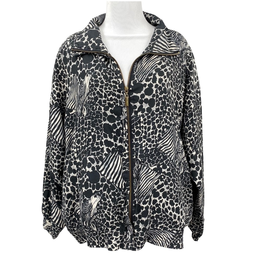 Vintage EVR Women's Silk Bomber Jacket Animal Print Zip Front Zebra 80s 90s Sz L